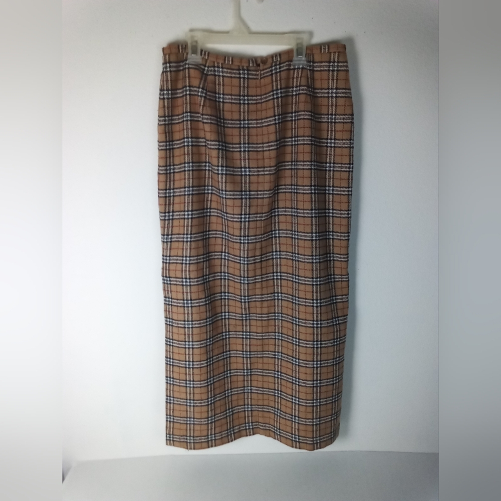 Vintage Burberry Style Classic Tan Plaid Maxi Skirt Size 12 Wool Blend - Picture 4 of 7